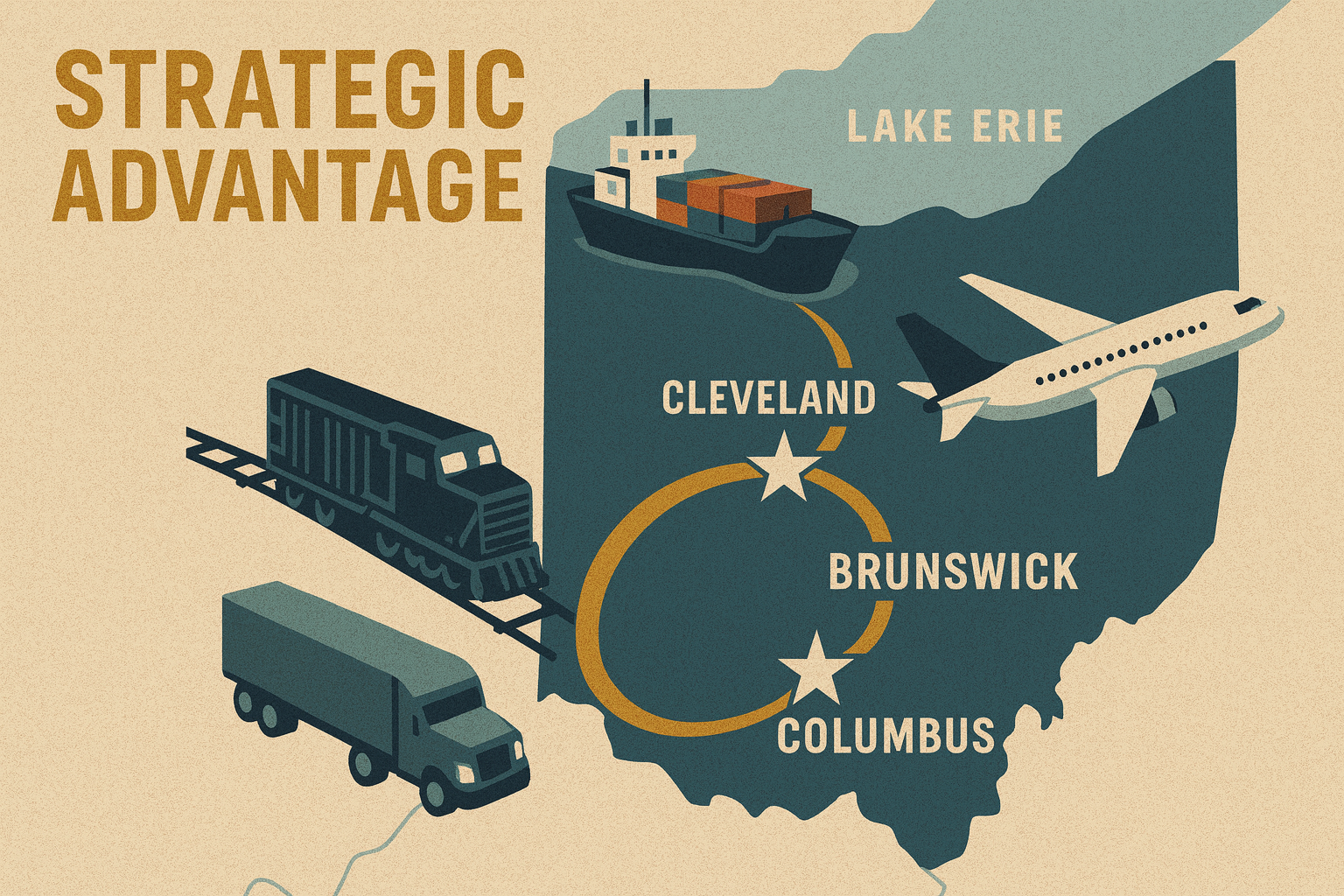 Strategic logistics map showing Ohio's position on Lake Erie with connections to rail, road, and air transportation networks